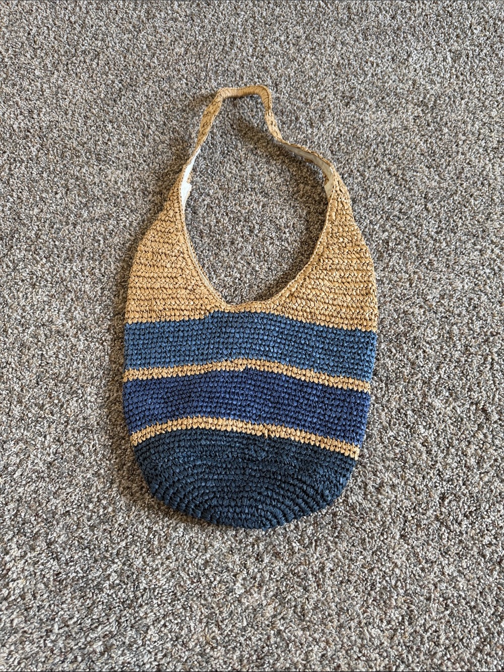 J Jill Handwoven Straw Hobo Bag with Blue Stripes